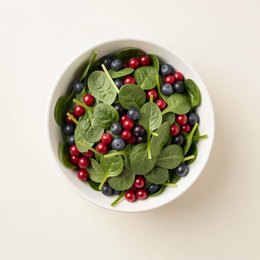 Schüssel mit frischem Spinat und Heidelbeeren auf hellem Untergrund, Draufsicht, Tageslicht